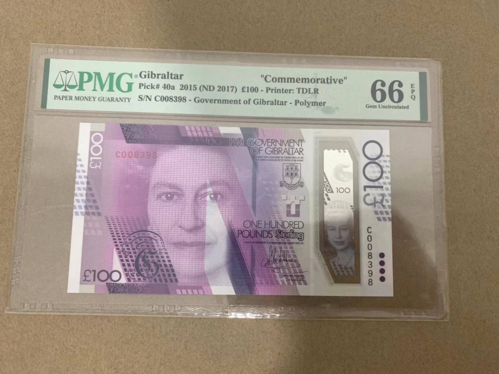 【Blue Auction】✨世界纸币精拍第214期 【精】 【无47 千位小号】直布罗陀 2015年100镑 PMG66EPQ 纪念钞
