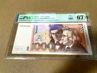 【Blue Auction】✨世界纸币精拍第214期 【精】 - 【AA冠】德国 1991年1000马克 PMG67EPQ 高分格林兄弟