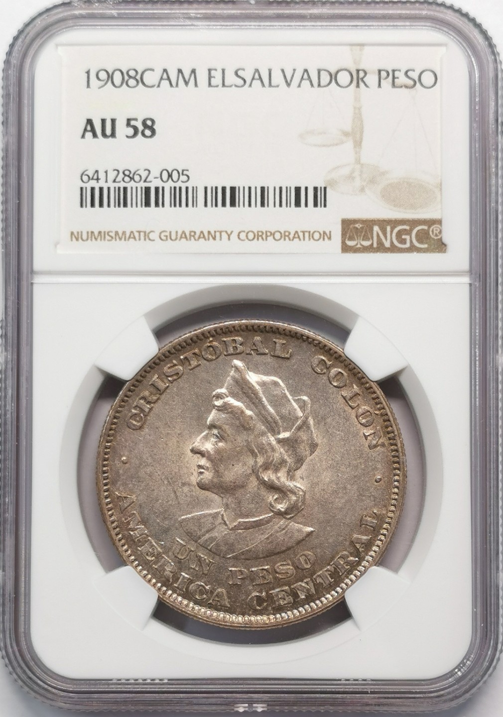 凡希社世界钱币微拍第二百零七期 1908萨尔瓦多哥伦布像比索大银NGC-AU58铁锈红包浆略低评！