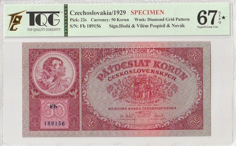 收藏联盟Quantum Auction 第185期拍卖 捷克斯洛伐克1929年50克朗样票 TQG67加星 十分稀少 捷克国宝级绘画巨匠-穆夏的作品