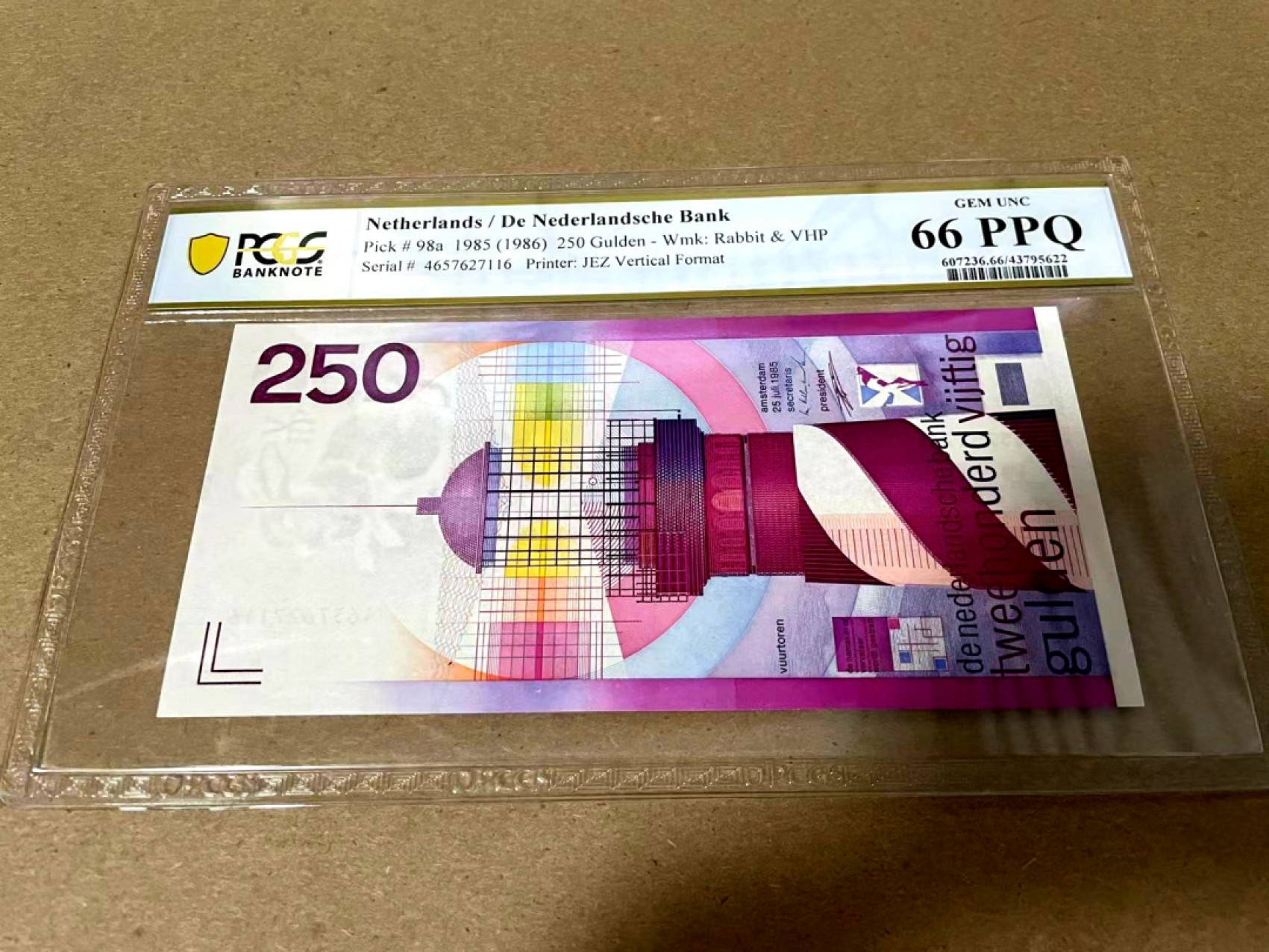 【Blue Auction】✨世界纸币精拍第214期 【精】 荷兰 1986年250盾 最高值 经典灯塔 PCGS66EPQ 绝品 精美