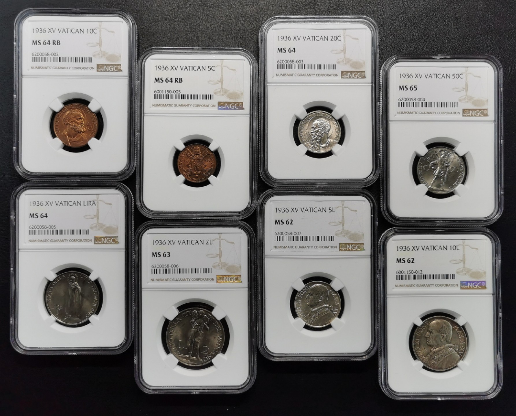 凡希社世界钱币微拍第二百零七期 1936梵蒂冈MINT SET八枚带两银NGC-MS62/65