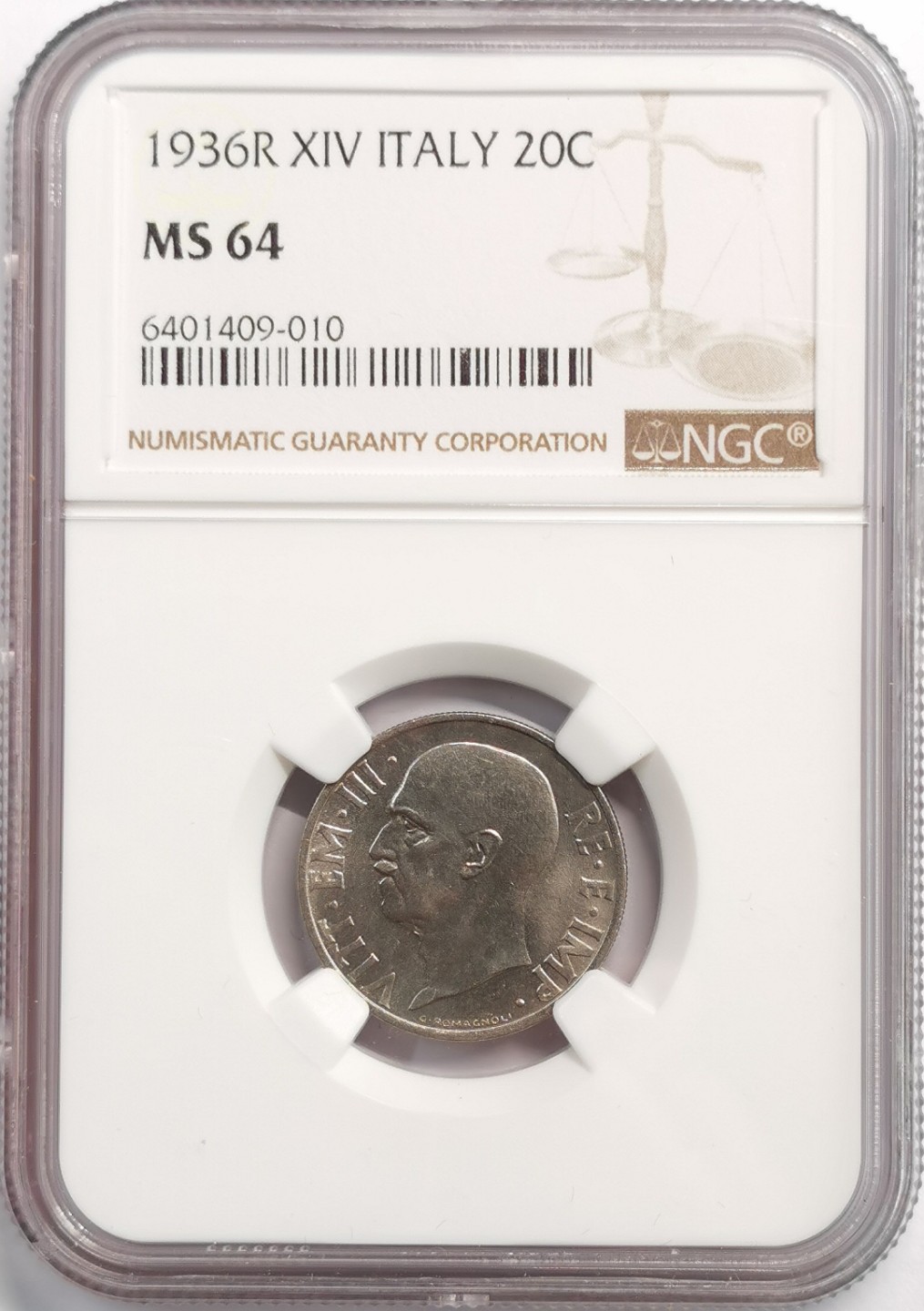 凡希社世界钱币微拍第二百零七期 荐！1936R意大利法西斯版20分镍币NGC-MS64稀有！