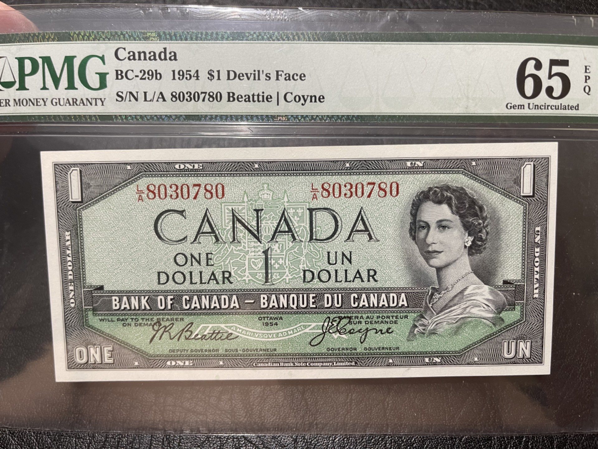 《外钞收藏家》第一百九十五期 1954年加拿大1元 PMG65 魔鬼脸