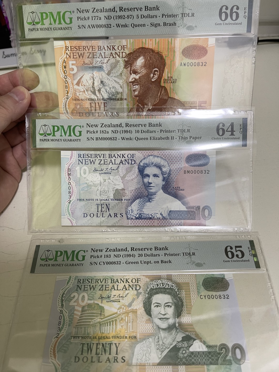 《外钞收藏家》第一百九十五期 新西兰20、10、5三张 百位832 全同号 一起 分数如图