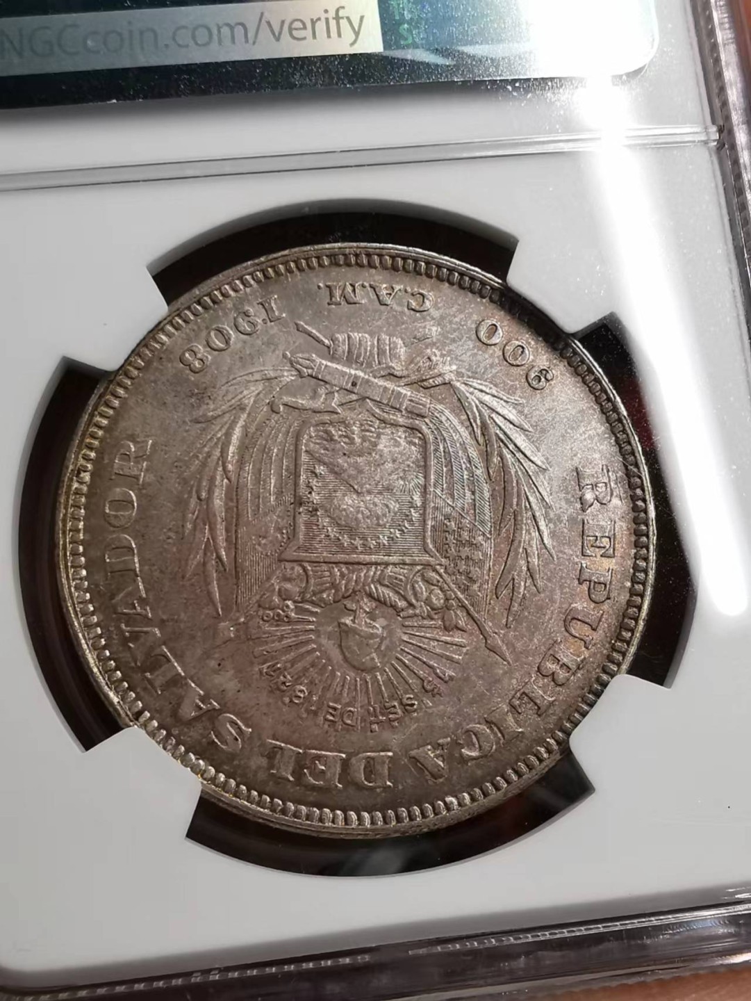 凡希社世界钱币微拍第二百零七期 1908萨尔瓦多哥伦布像比索大银NGC-AU58铁锈红包浆略低评！