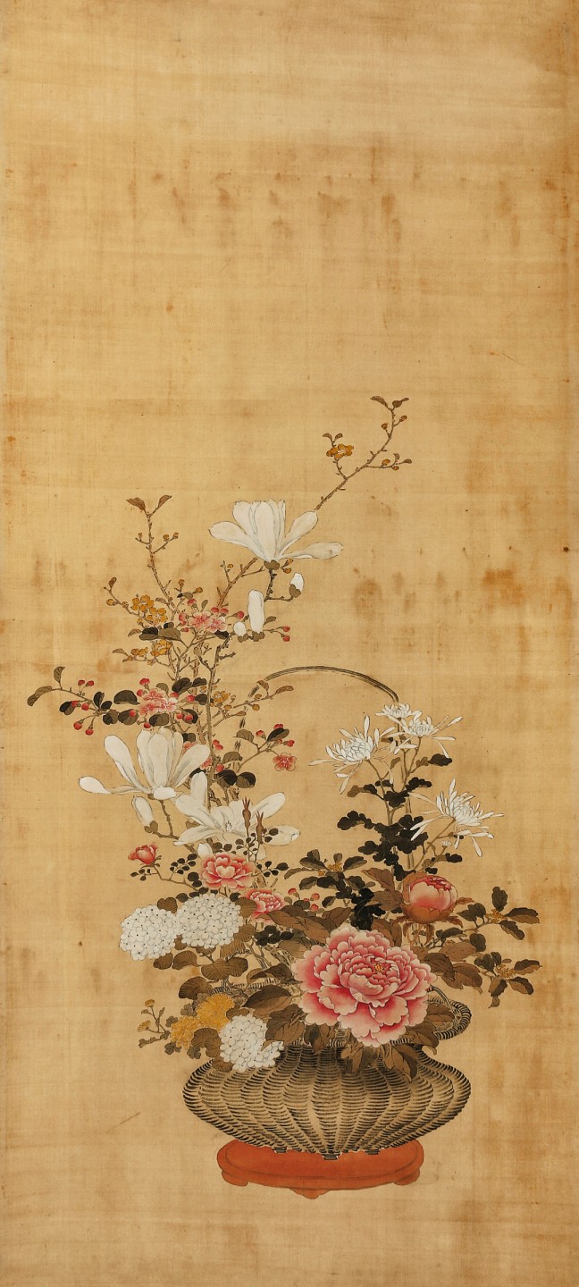 锦灰-中国书画、奏折文献、名人礼札、相片纸品专场 清 佚名 《一篮富贵》-绢本 立轴-110×50cm