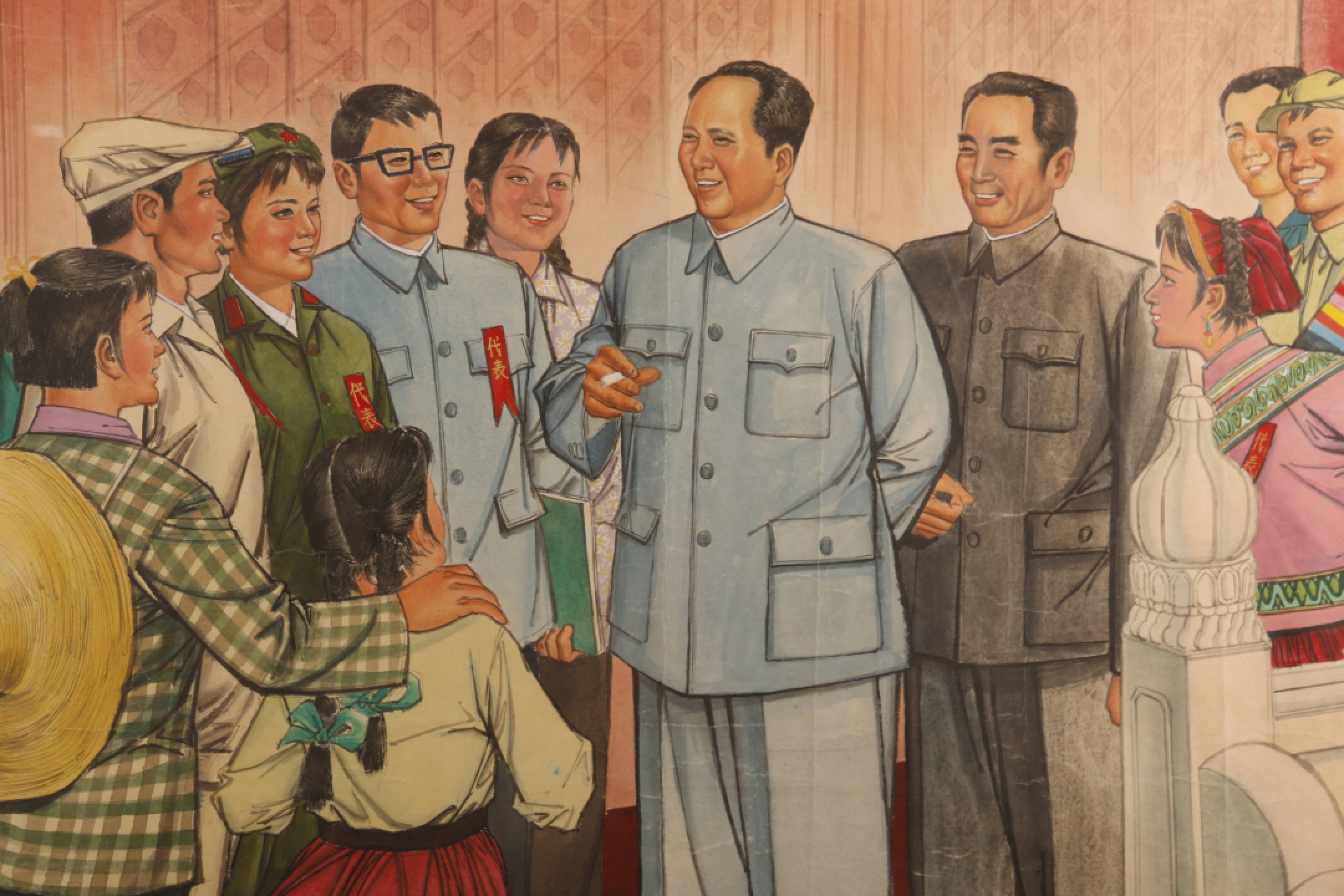 锦灰-中国书画、奏折文献、名人礼札、相片纸品专场 《毛主席周恩来接见各民族代表》水粉画原稿-纸本 镜框-72×121cm