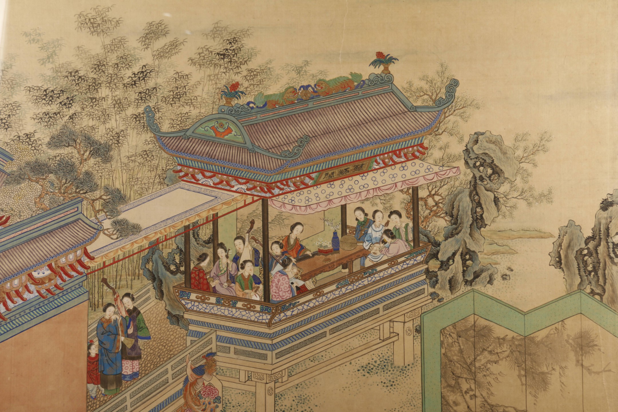 锦灰-中国书画、奏折文献、名人礼札、相片纸品专场 佚名 《庭院人物图》-设色绢本 镜框-42.5×26cm