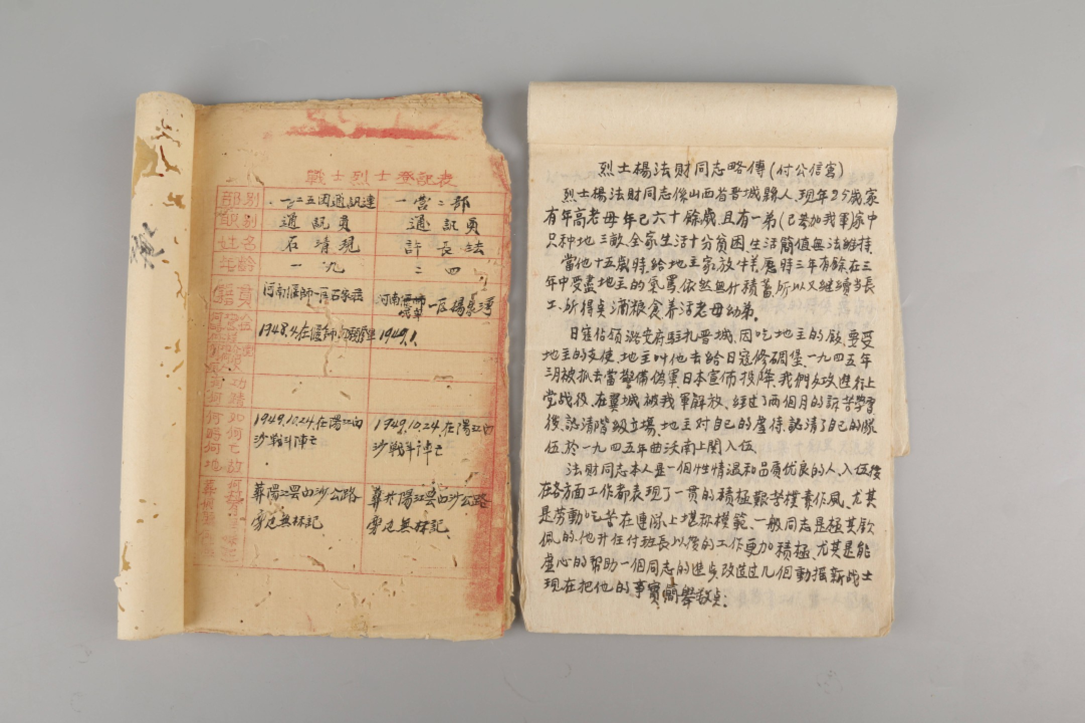 锦灰-中国书画、奏折文献、名人礼札、相片纸品专场 1949年 八二五团政治处战士烈士登记表-纸本-23×15cm