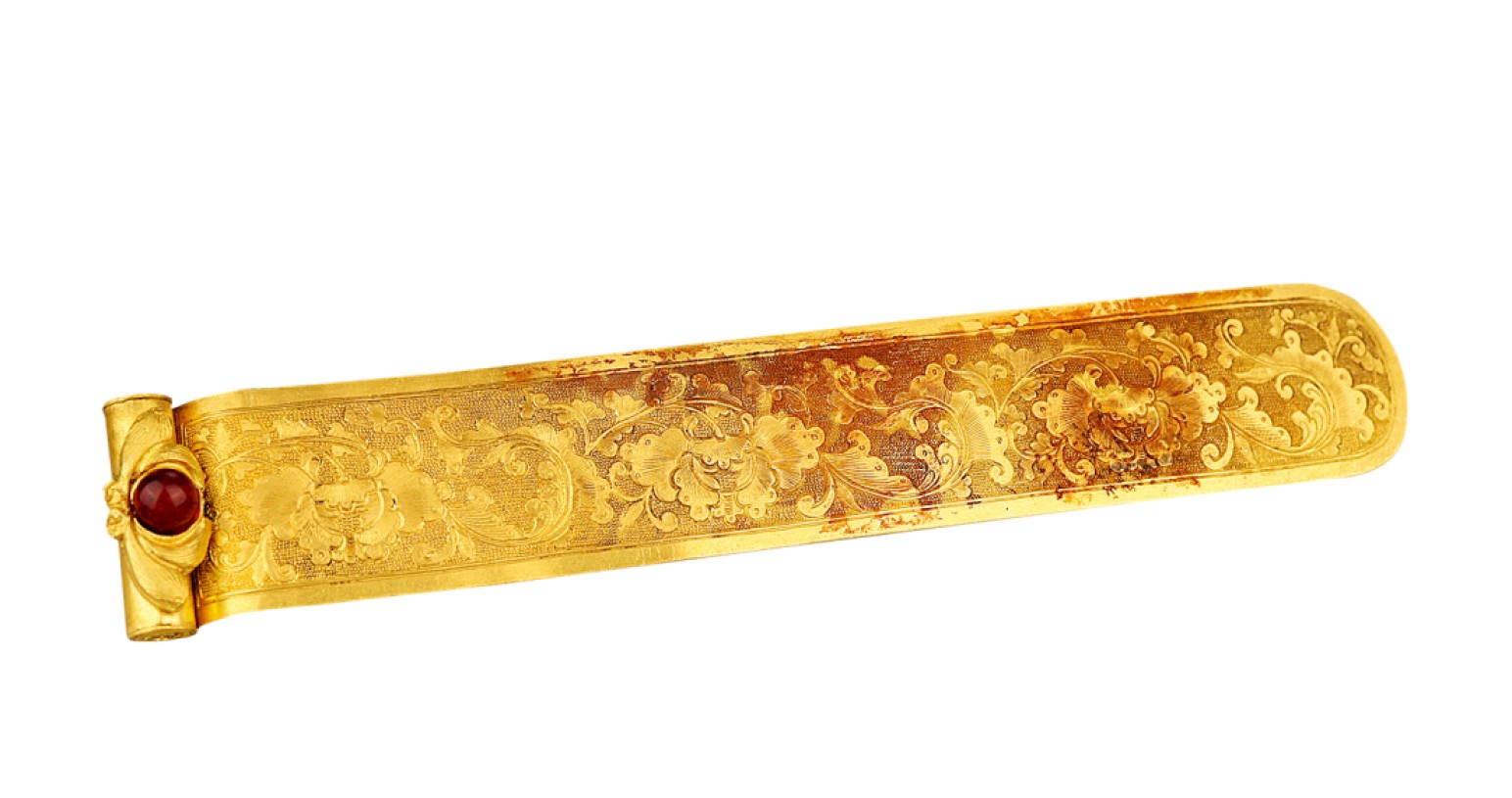 宝星-中国历代徽章、钱币杂项专场 清代 錾刻花卉纹金扁方-金-15.56×2.4cm W:55.7g-