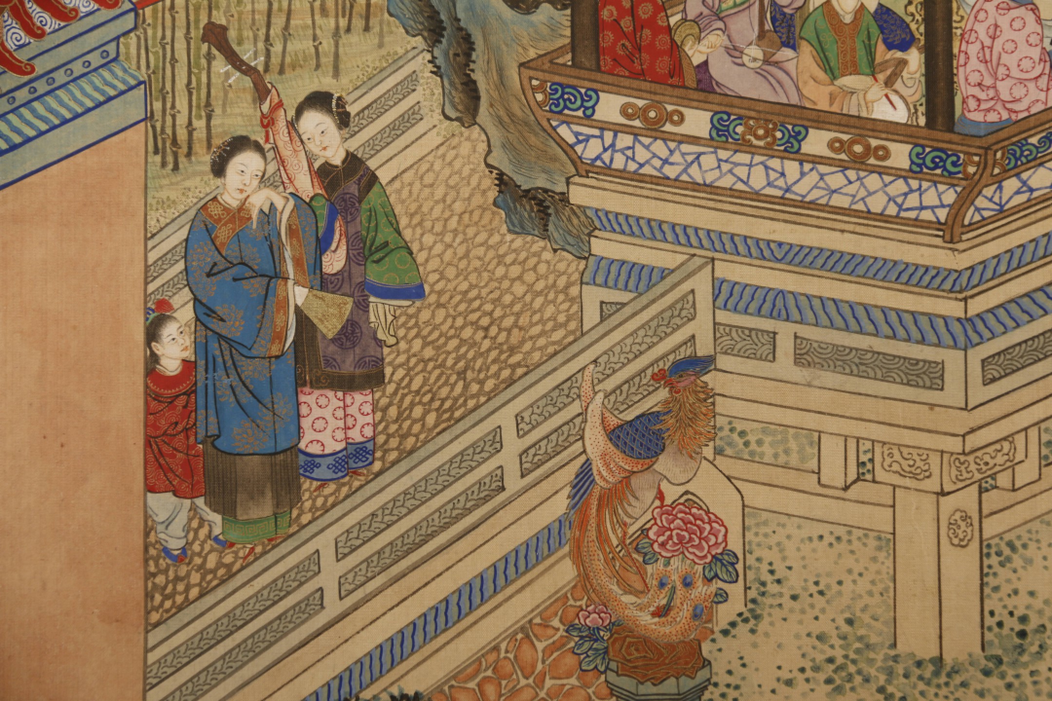 锦灰-中国书画、奏折文献、名人礼札、相片纸品专场 佚名 《庭院人物图》-设色绢本 镜框-42.5×26cm