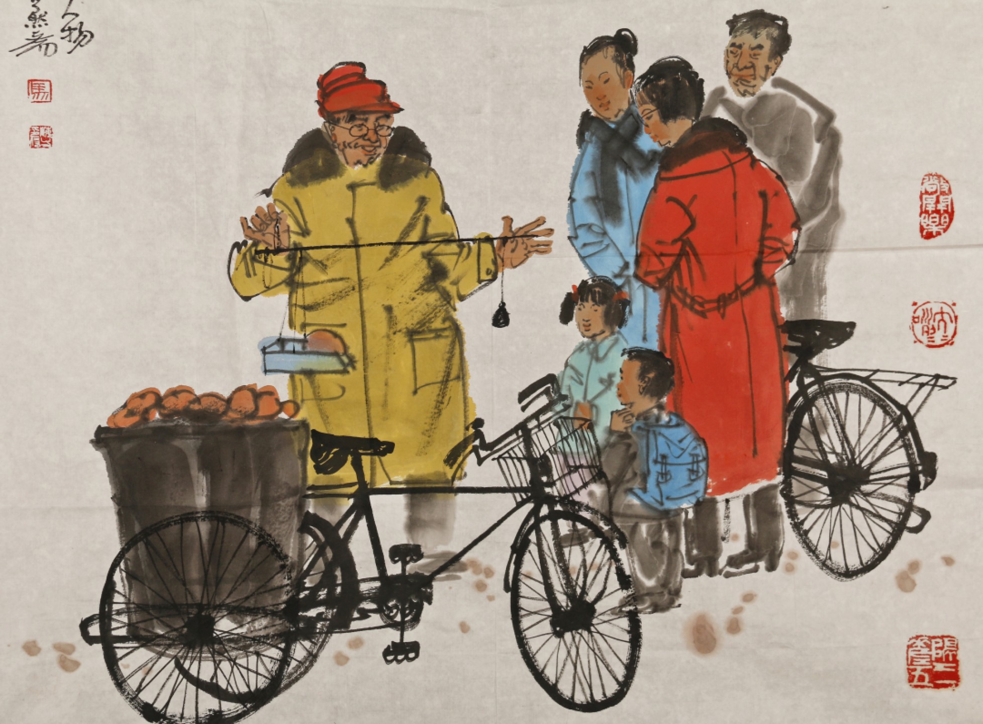 锦灰-中国书画、奏折文献、名人礼札、相片纸品专场 马海芳 《京城街头烤白薯图》-纸本 镜心-67×69cm