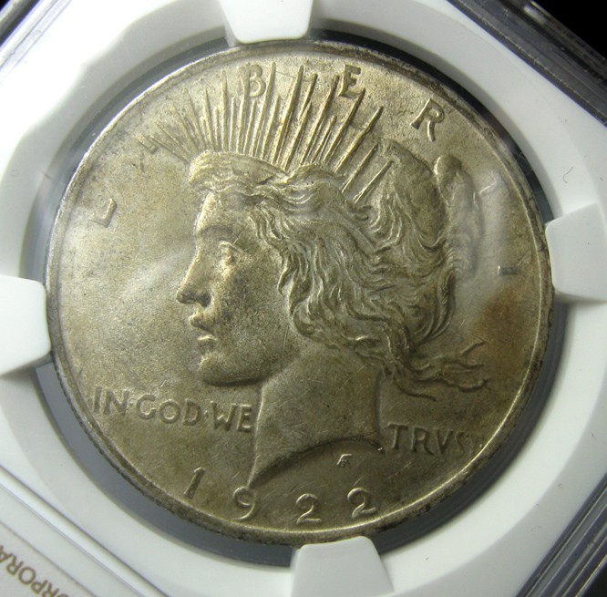 NGC-MS62,美国1922和平银币,倒装老盒38mm,26.7g,no.R2411bx9x