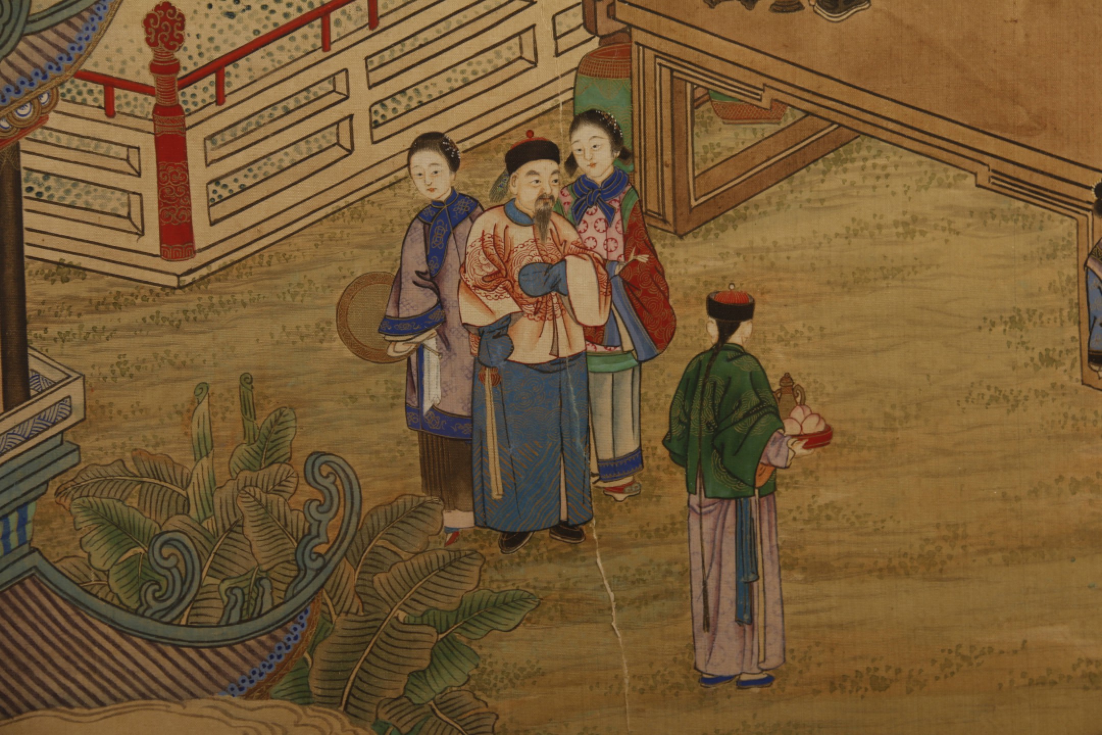 锦灰-中国书画、奏折文献、名人礼札、相片纸品专场 佚名 《庭院人物图》-设色绢本 镜框-42.5×26cm