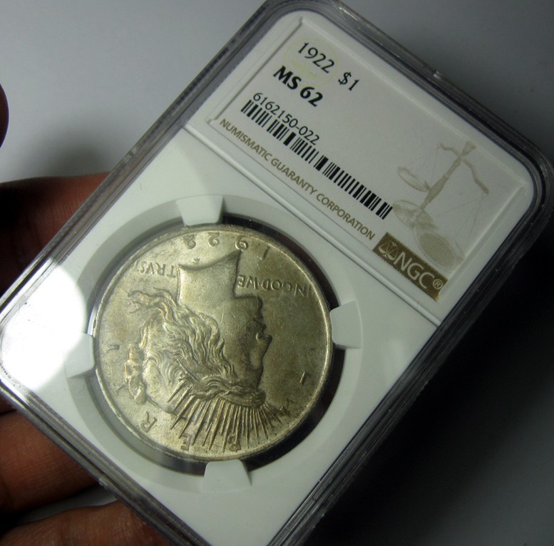 NGC-MS62,美国1922和平银币,倒装老盒38mm,26.7g,no.R2411bx9x