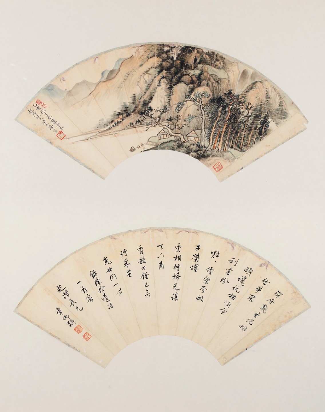 锦灰-中国书画、奏折文献、名人礼札、相片纸品专场 潘厚、章太炎 书画扇面-纸本 镜框-23.5×52cm×2
