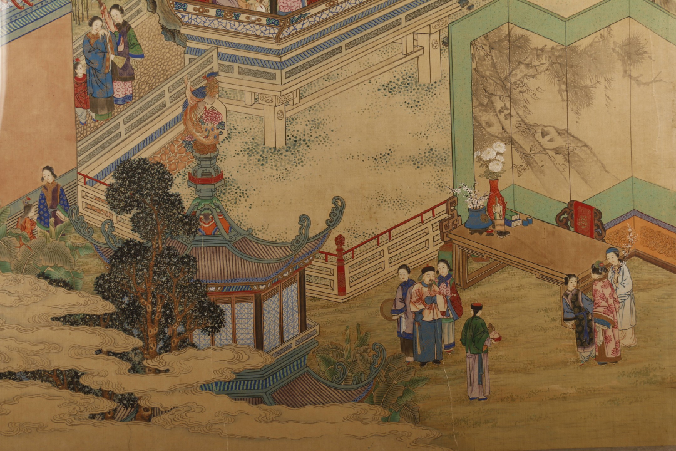 锦灰-中国书画、奏折文献、名人礼札、相片纸品专场 佚名 《庭院人物图》-设色绢本 镜框-42.5×26cm