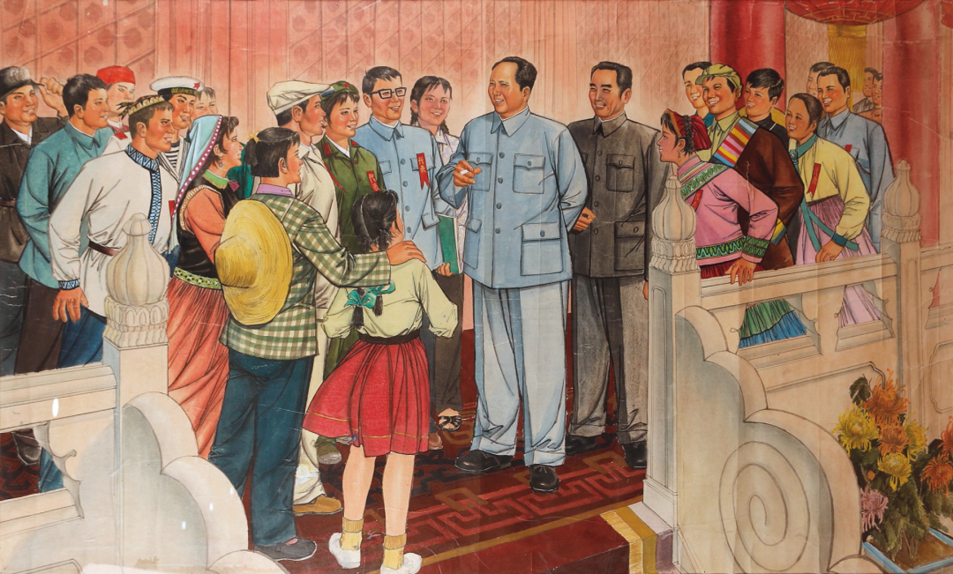 锦灰-中国书画、奏折文献、名人礼札、相片纸品专场 《毛主席周恩来接见各民族代表》水粉画原稿-纸本 镜框-72×121cm
