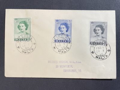 【第21期】莲池国际邮品拍卖 - 【马耳他】1950 伊丽莎白公主(现女王)访问纪念 套票首日封实寄爱丁堡