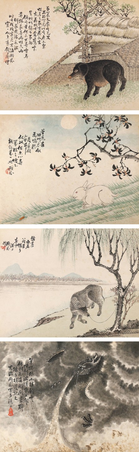 锦灰-中国书画、奏折文献、名人礼札、相片纸品专场 锺彛（醉痴） 十二生肖图（龙、牛、猪、兔）-设色纸本-21.5×27.5cm×4