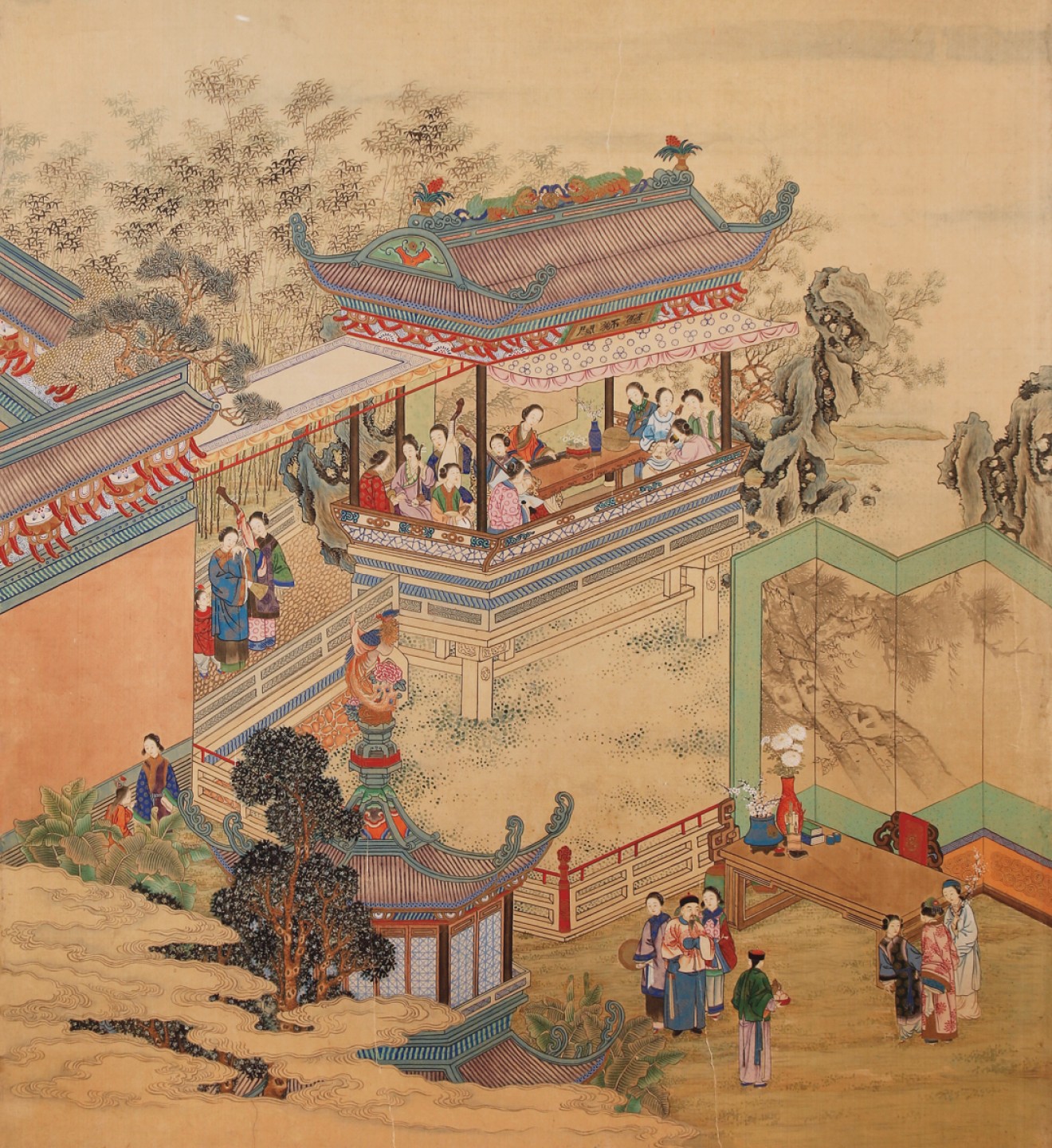 锦灰-中国书画、奏折文献、名人礼札、相片纸品专场 佚名 《庭院人物图》-设色绢本 镜框-42.5×26cm
