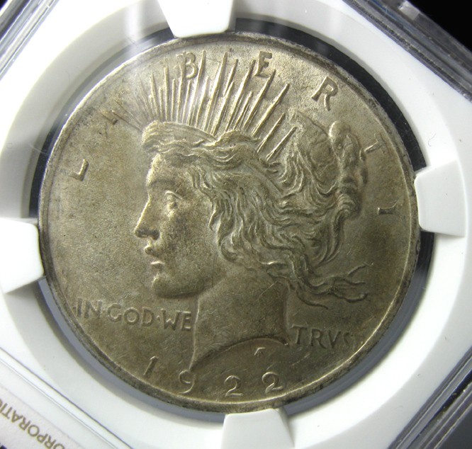 NGC-MS62,美国1922和平银币,倒装老盒38mm,26.7g,no.R2411bx9x