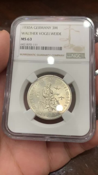 《竞宝斋》第85场-本周日，周一2场连拍（全场不限金额包邮） NGC-MS63 魏玛德国1930年游吟诗人3马克纪念银币