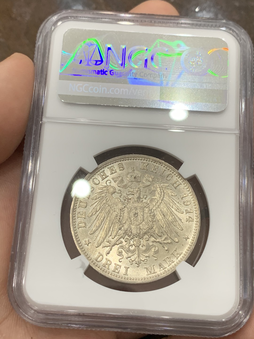 《竞宝斋》第85场-本周日，周一2场连拍（全场不限金额包邮） NGC-MS63 德国巴伐利亚1914年路德维希三世3马克银币 少见品种