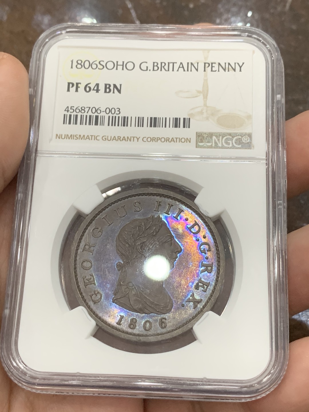 《竞宝斋》第85场-本周日，周一2场连拍（全场不限金额包邮） NGC-PF64 英国 1806年 精制乔三便士 棕色包浆 顶级状态