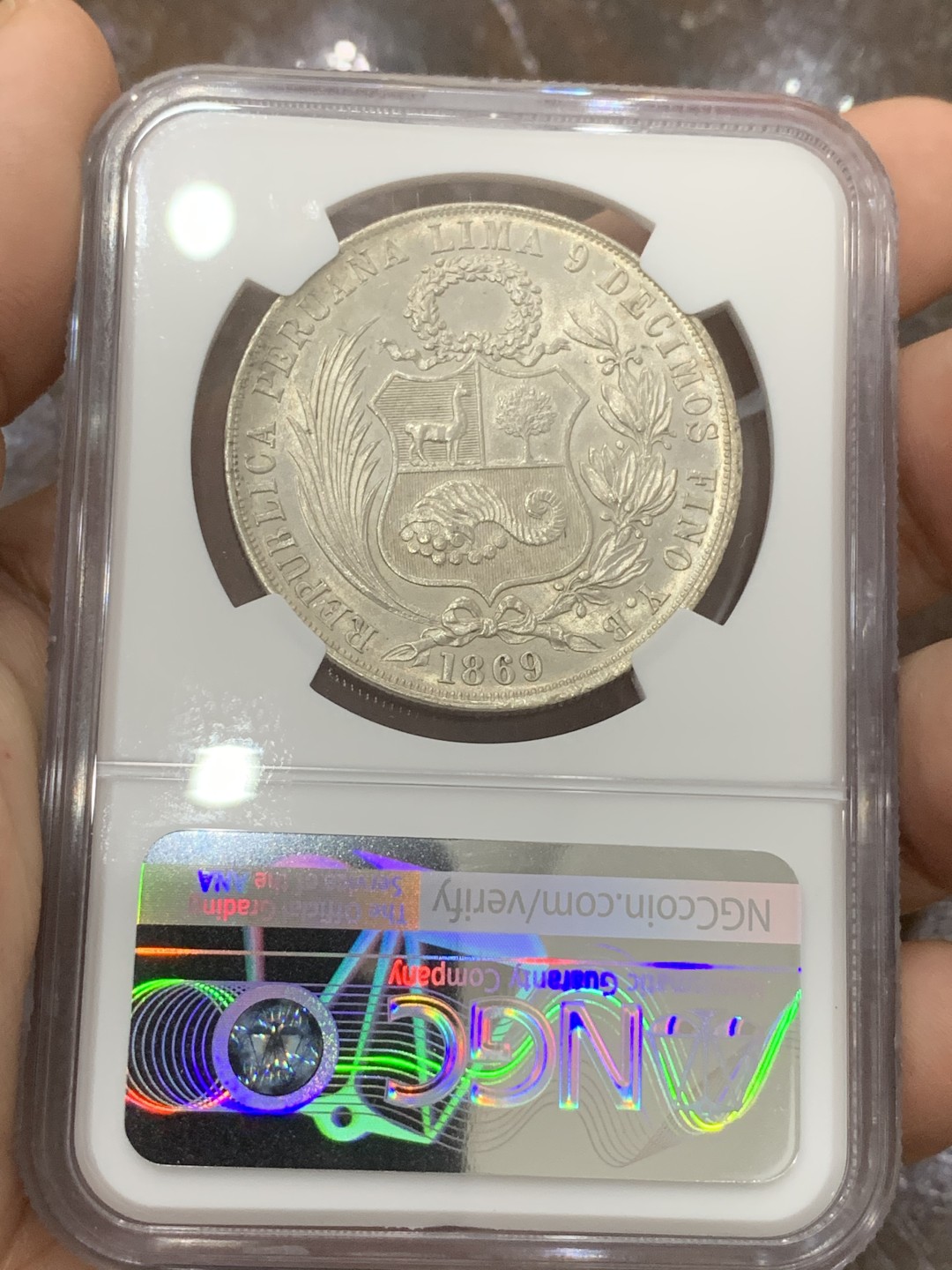 《竞宝斋》第85场-本周日，周一2场连拍（全场不限金额包邮） NGC MS62 秘鲁1869年坐人女神1SOL大银币阿拉伯1字版