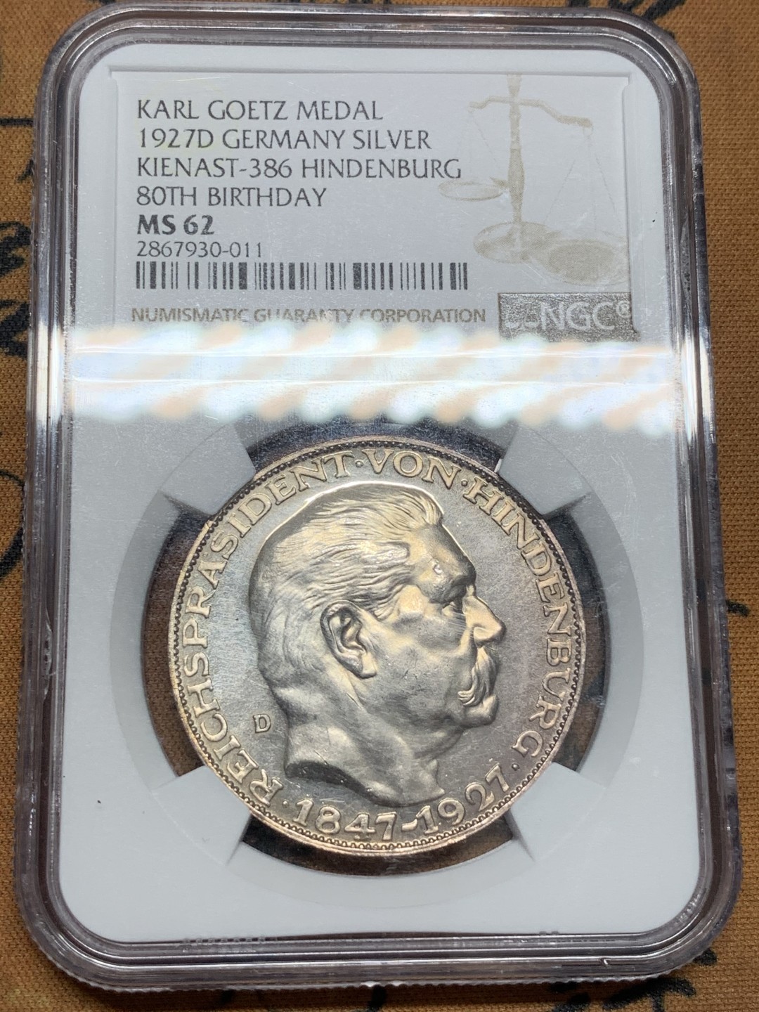 《竞宝斋》第85场-本周日，周一2场连拍（全场不限金额包邮） NGC MS62 1927年 德国 兴登堡 5马克银币章