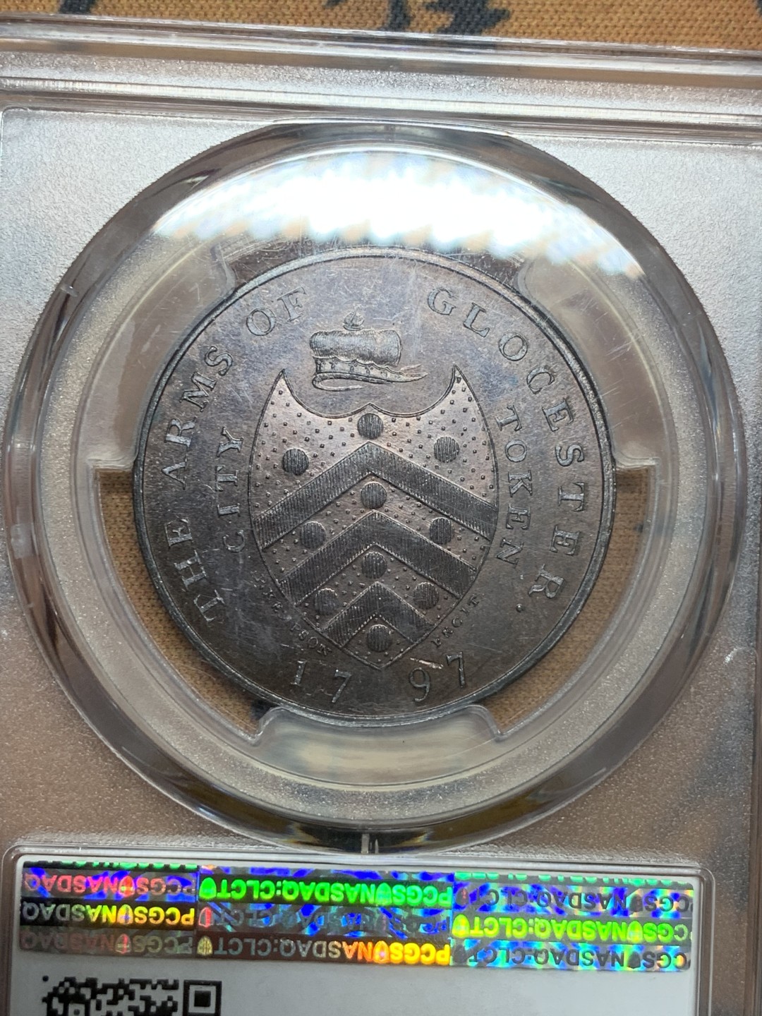 《竞宝斋》第85场-本周日，周一2场连拍（全场不限金额包邮） PCGS-MS64RB 英国 1797年 格格洛特郡 1便士代币 红棕色包浆