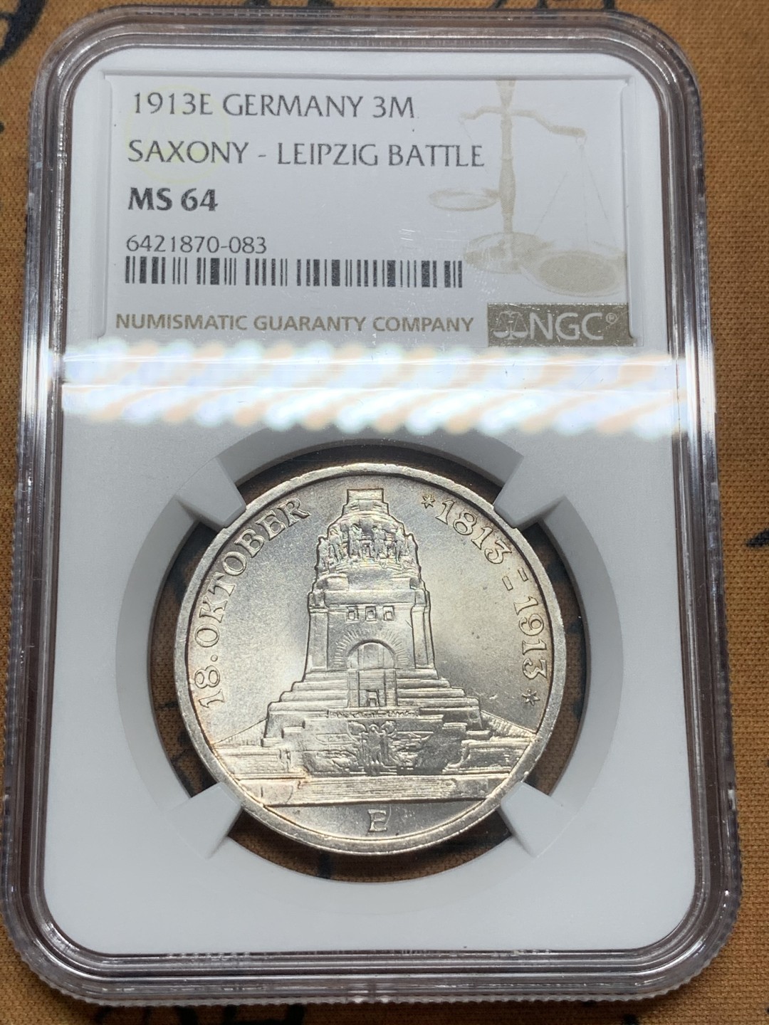 《竞宝斋》第85场-本周日，周一2场连拍（全场不限金额包邮） NGC-MS64 德国萨克森1913年莱比锡战役纪念3马克银币