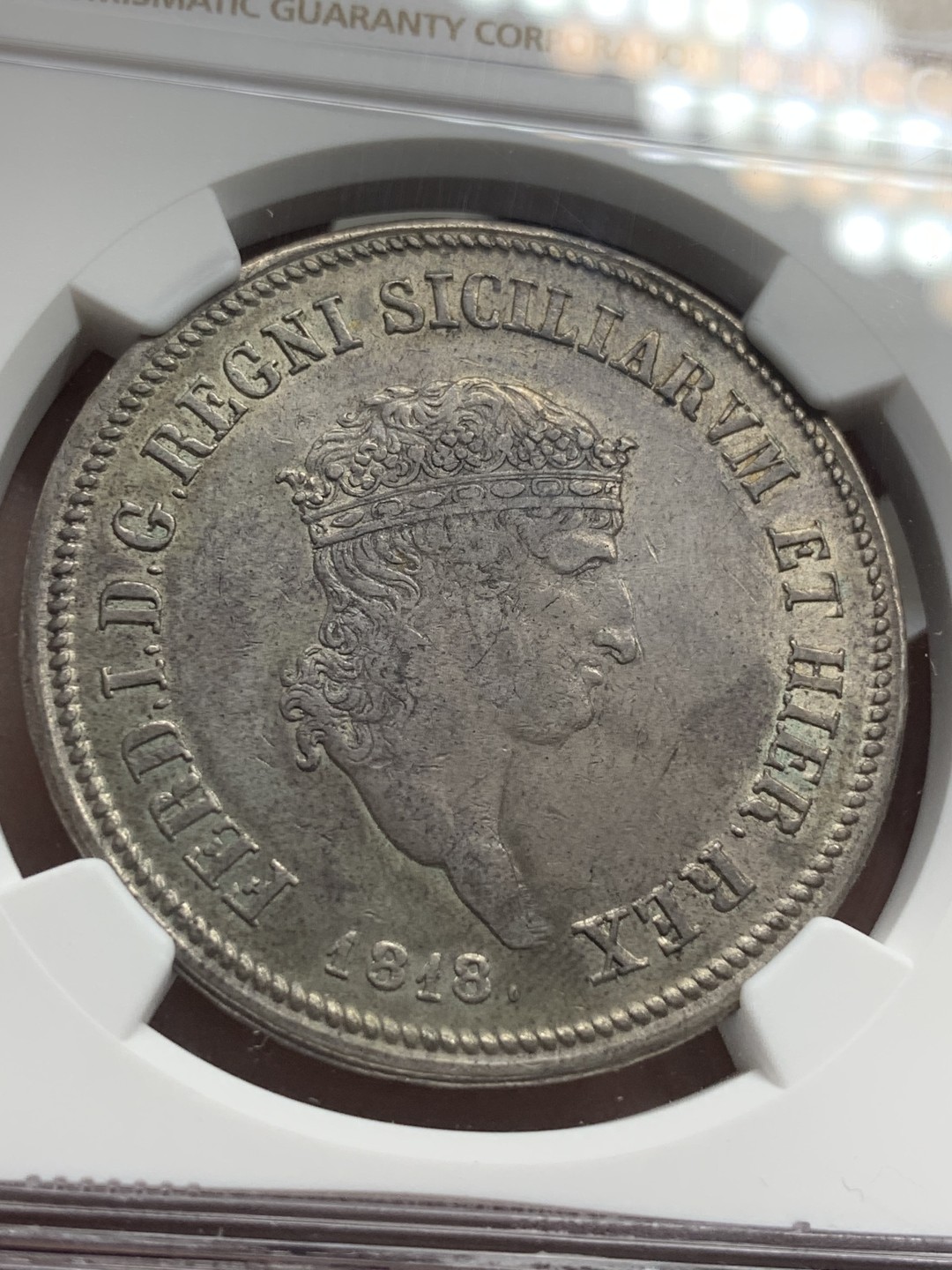 《竞宝斋》第85场-本周日，周一2场连拍（全场不限金额包邮） NGC-AU55 早期意大利那不勒斯120G，1818年小头版本，打制极佳，同时期打得好的少，包浆厚重略有银光，细节清晰，好品少见！