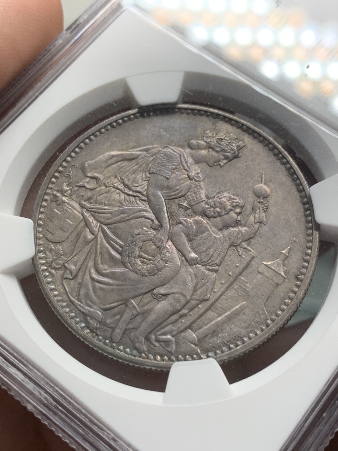 《竞宝斋》第85场-本周日，周一2场连拍（全场不限金额包邮） NGC-UNCD 瑞士 1865年 5法郎 沙夫豪森射击节银币 紫罗兰包浆