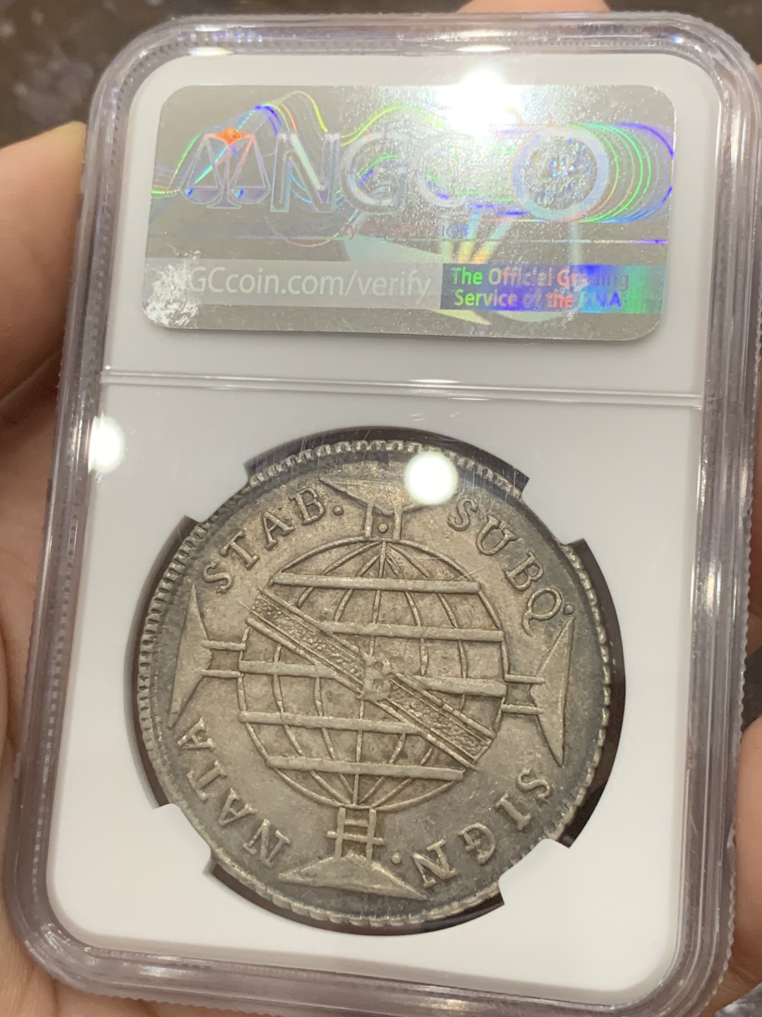 《竞宝斋》第85场-本周日，周一2场连拍（全场不限金额包邮） NGC-62 巴西 1814年 960瑞斯 银币 加盖清晰 包浆舒服 近期热门