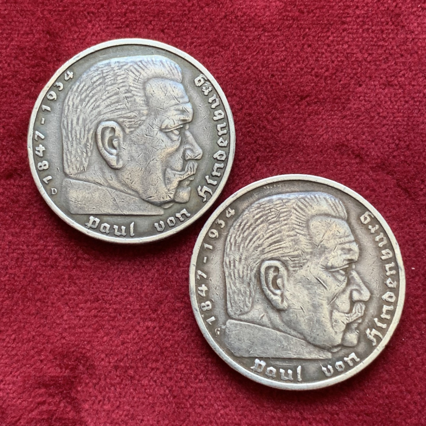 《竞宝斋》第85场-本周日，周一2场连拍（全场不限金额包邮） 德国兴登堡5马克2枚 1935-G 1936-D两枚不同版一对