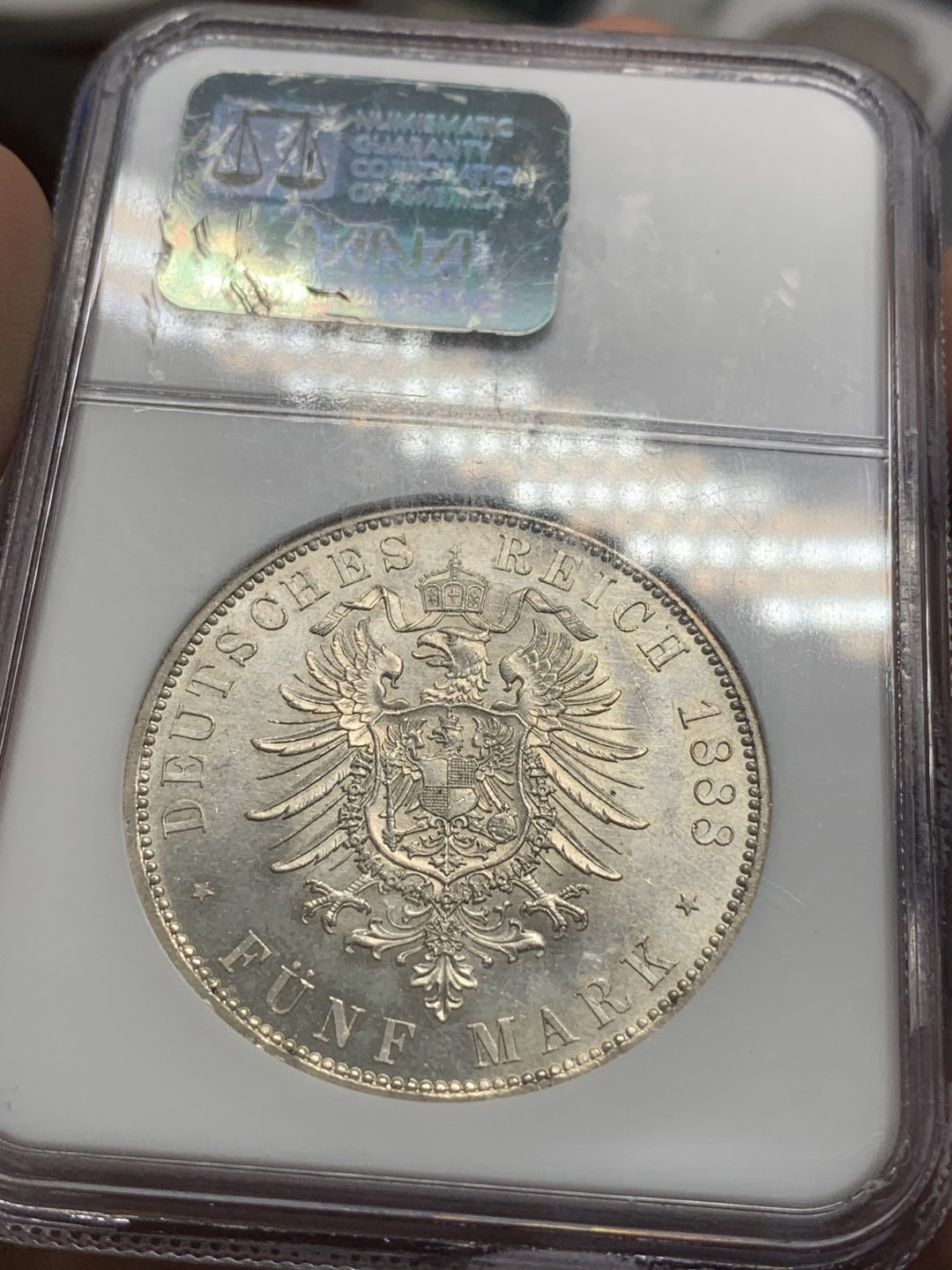 《竞宝斋》第85场-本周日，周一2场连拍（全场不限金额包邮） NGC MS63 德国 1888年 普鲁士 马克弗里德里希三世 三皇5马克银币 N老盒 状态非常好