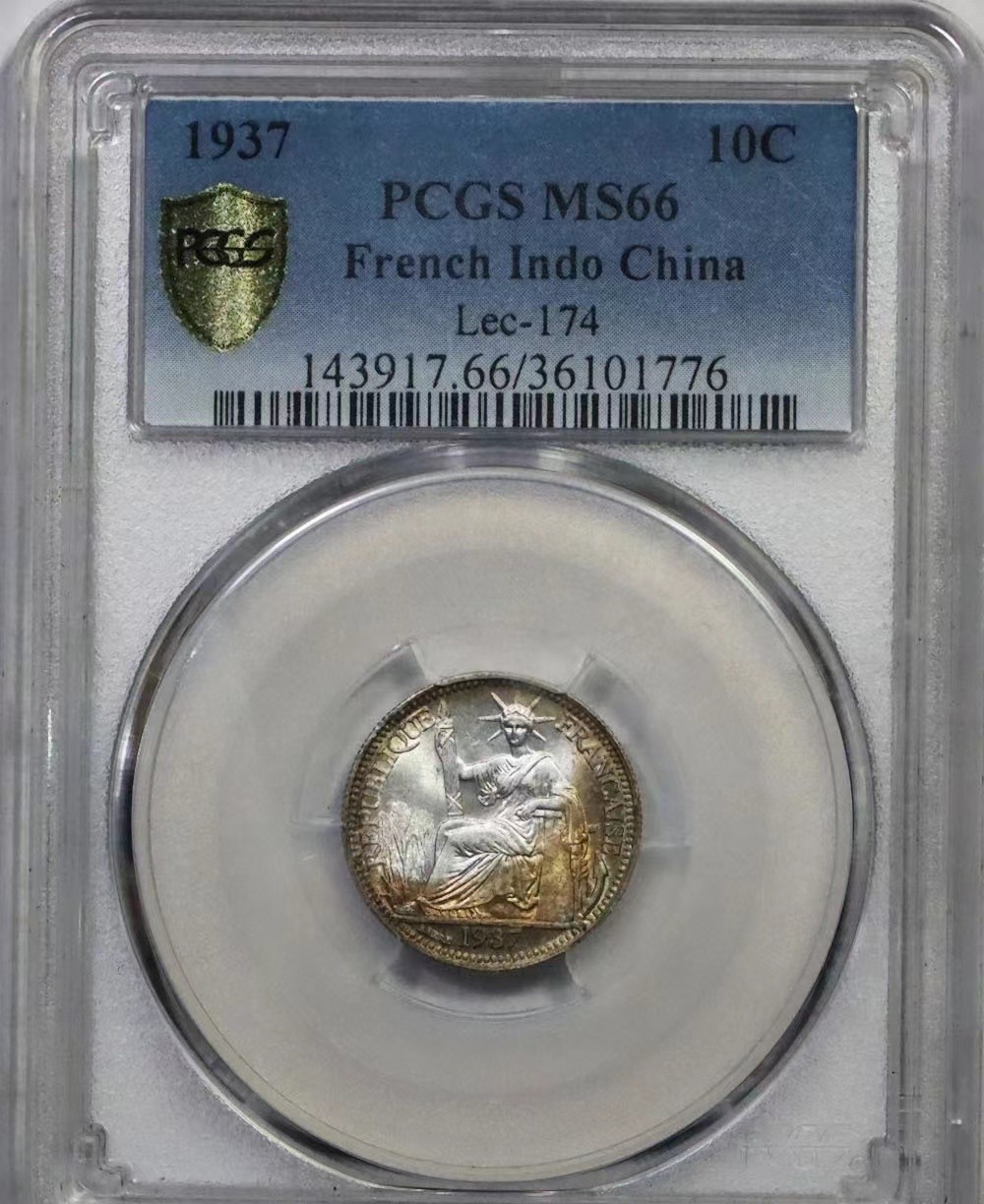 【华誉大咖】2098期拍卖 原光 五彩 1937年法国坐洋 一角 PCGS MS 66【36101776】
