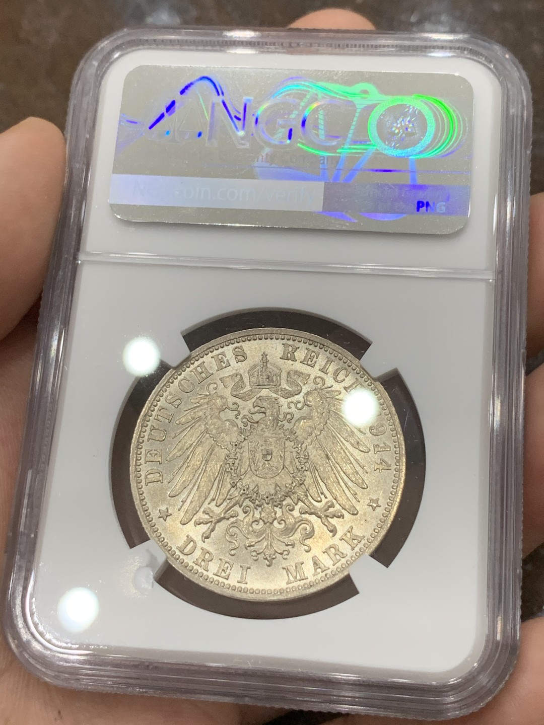 《竞宝斋》第85场-本周日，周一2场连拍（全场不限金额包邮） NGC-MS63 德国巴伐利亚1914年路德维希三世3马克银币 少见品种