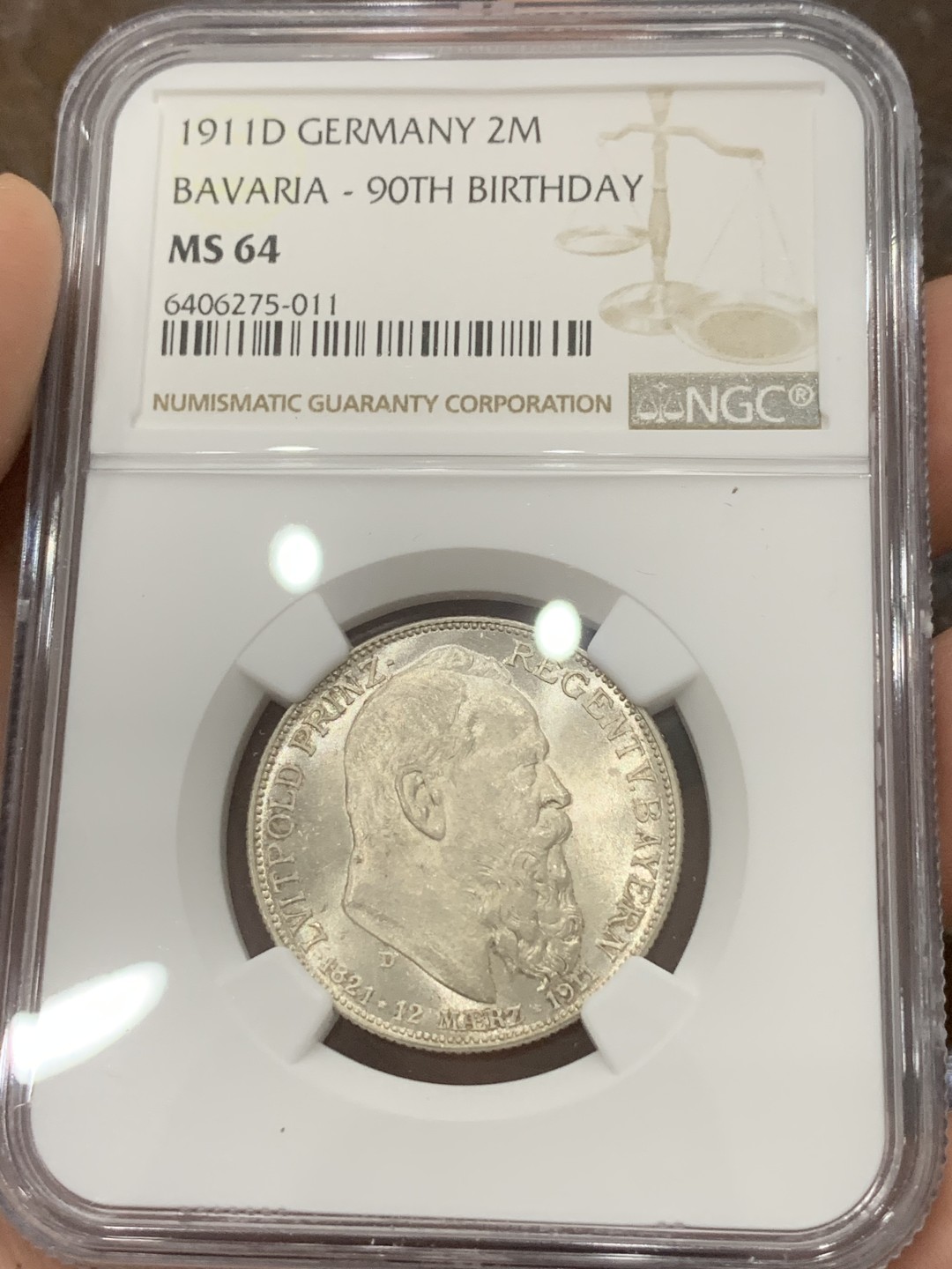 《竞宝斋》第85场-本周日，周一2场连拍（全场不限金额包邮） NGC-MS64 德国巴伐利亚1911年2马克银币