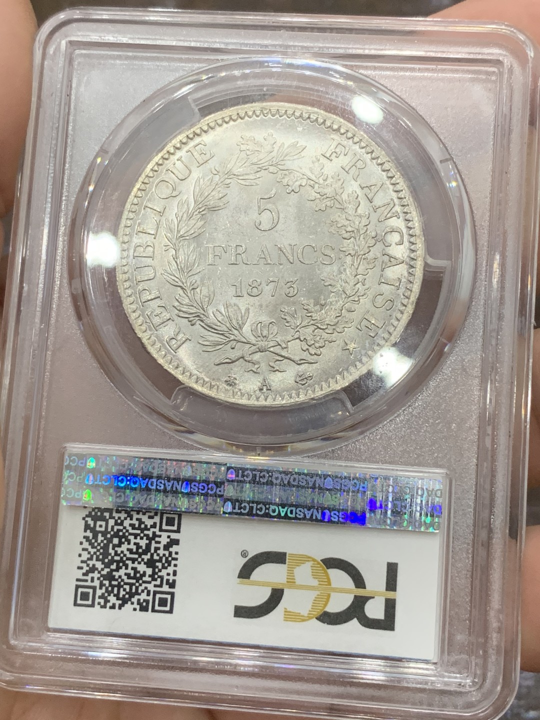 《竞宝斋》第85场-本周日，周一2场连拍（全场不限金额包邮） PCGS-MS64法国1873年大力神5法郎，镜面底板，车轮转光，状态极佳。法系主币，热门上涨品种。