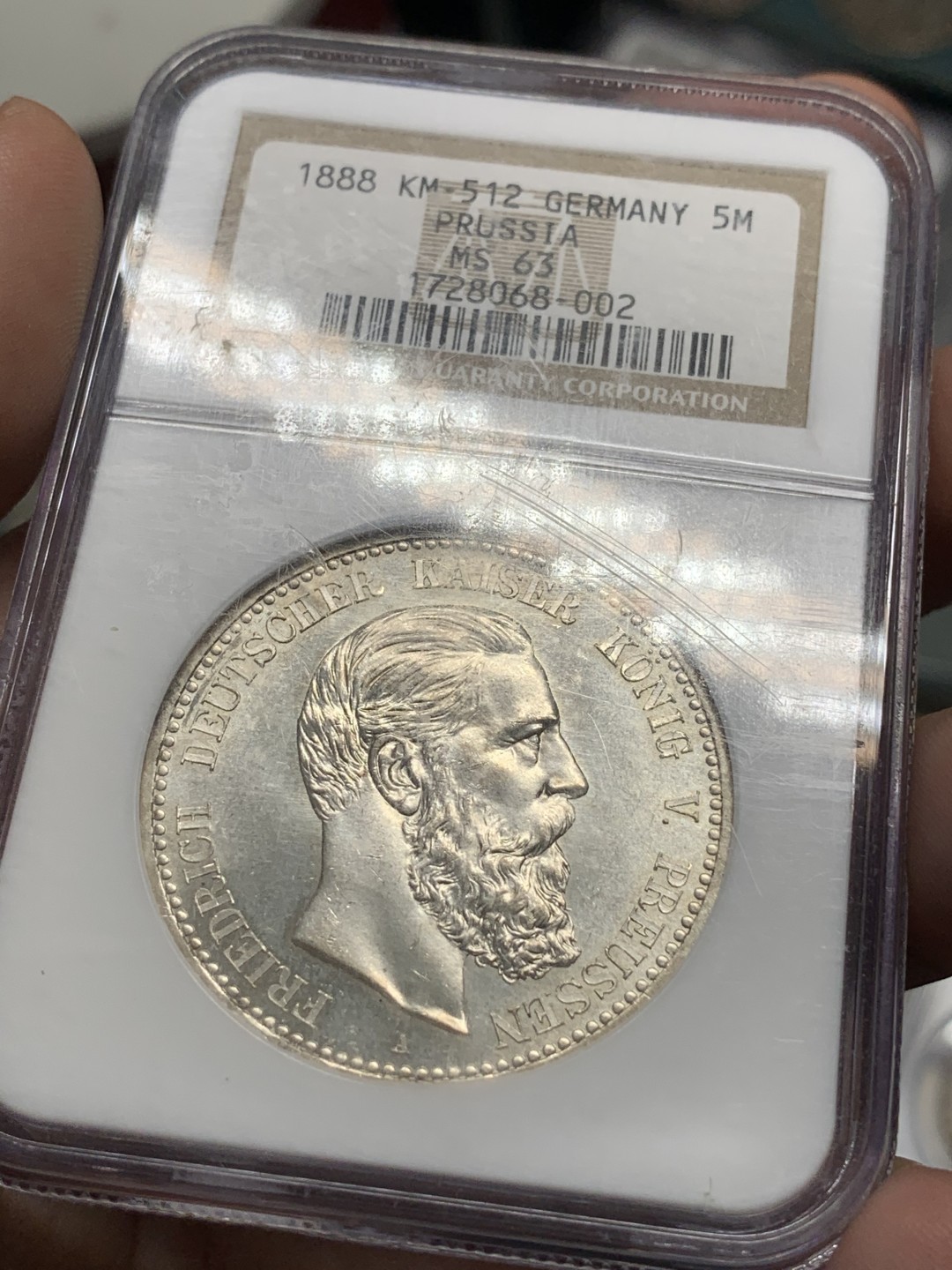 《竞宝斋》第85场-本周日，周一2场连拍（全场不限金额包邮） NGC MS63 德国 1888年 普鲁士 马克弗里德里希三世 三皇5马克银币 N老盒 状态非常好