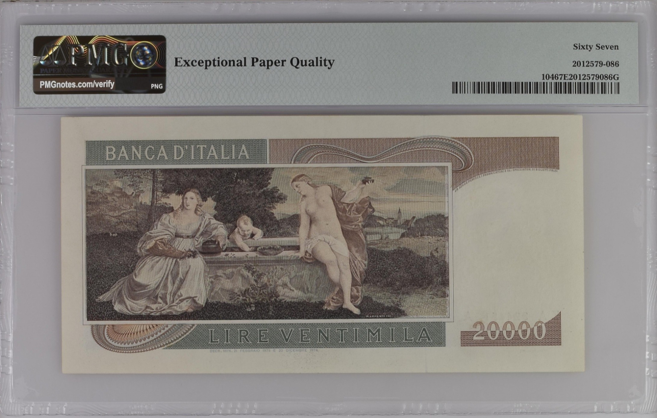 收藏联盟Quantum Auction 第185期拍卖 意大利1975年20000里拉 PMG67 冠军分且首发冠 提香与《天上的爱与人间的爱》