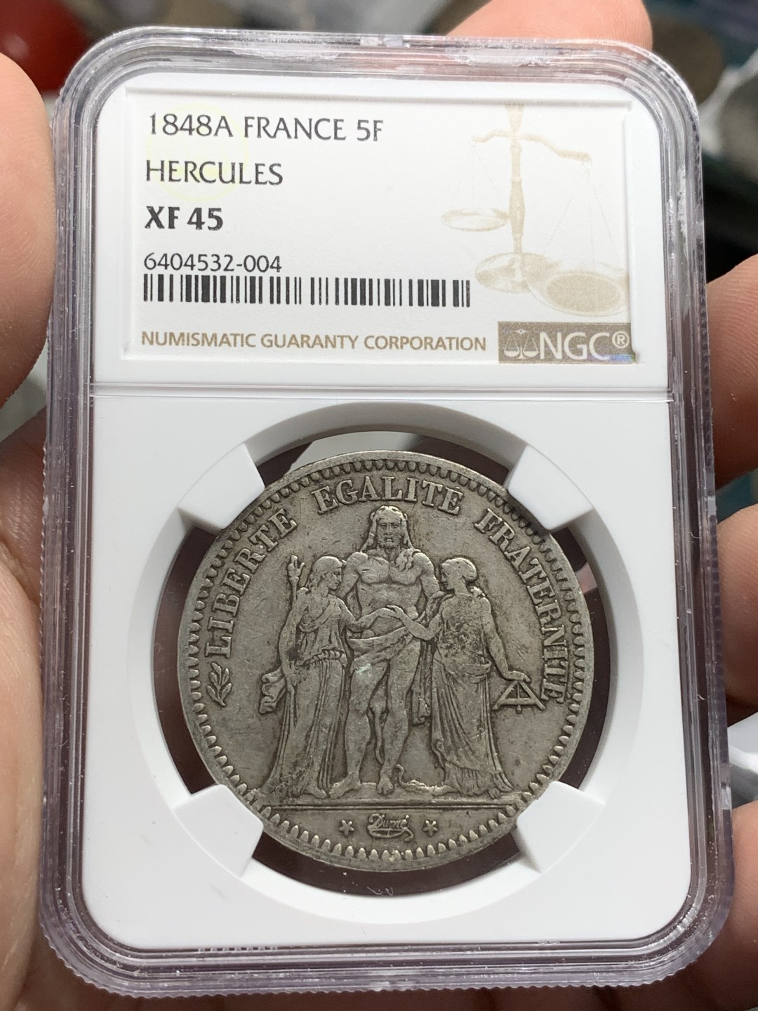《竞宝斋》第85场-本周日，周一2场连拍（全场不限金额包邮） NGC-XF45 法国1848年 早期大力神5法郎大银币 有这个分数难得了