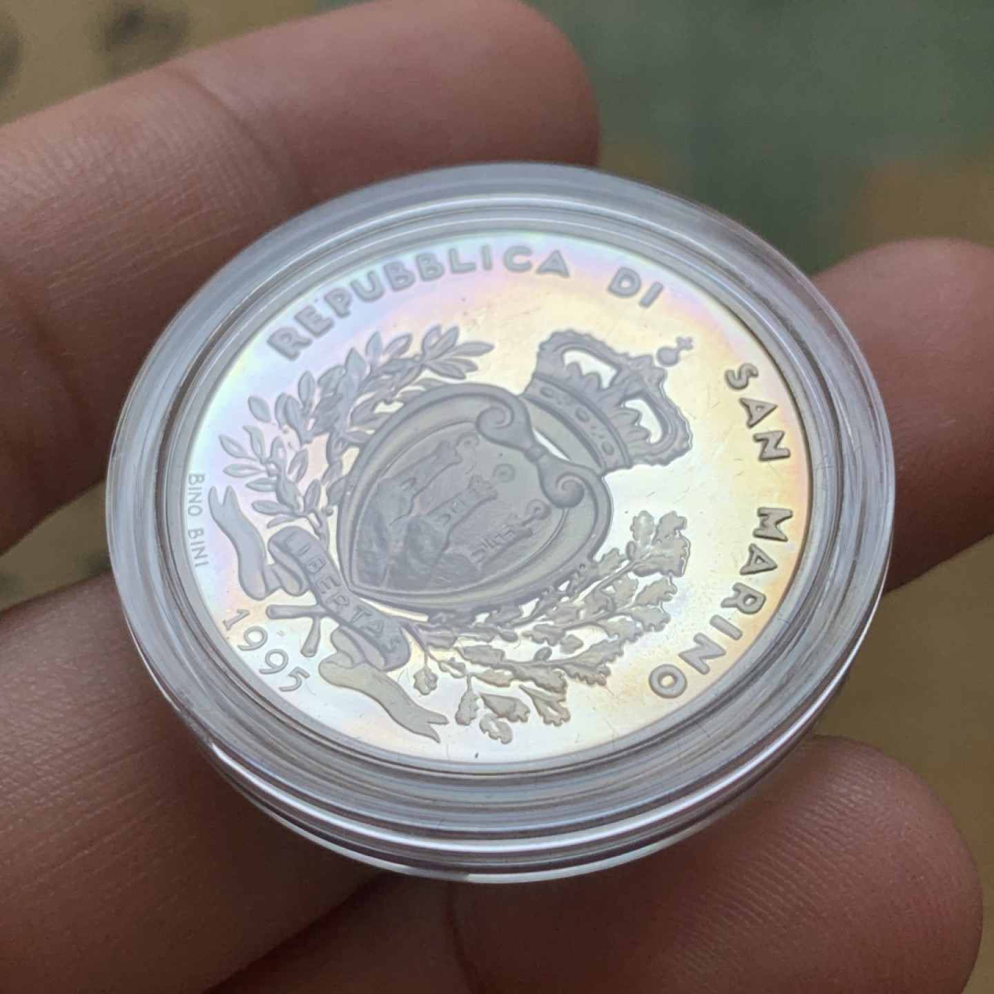 《竞宝斋》第85场-本周日，周一2场连拍（全场不限金额包邮） 原盒证书 圣马力诺1995年 奥运 1000里拉 精制银币 14.6克 835银