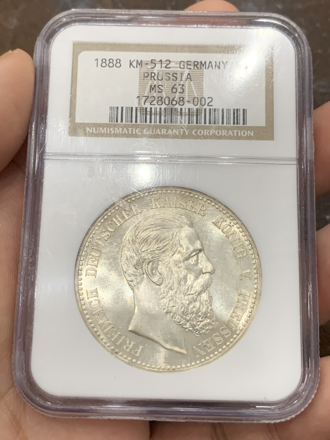 《竞宝斋》第85场-本周日，周一2场连拍（全场不限金额包邮） NGC MS63 德国 1888年 普鲁士 马克弗里德里希三世 三皇5马克银币 N老盒 状态非常好