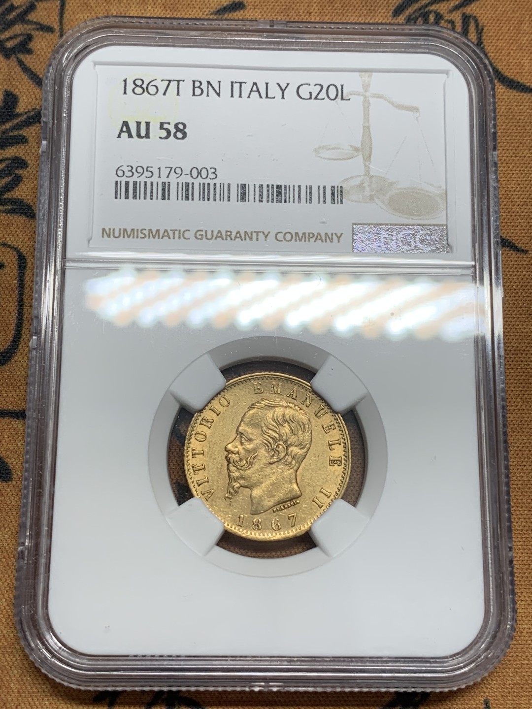 《竞宝斋》第85场-本周日，周一2场连拍（全场不限金额包邮） NGC-AU58 意大利 1867年 艾曼纽尔二世 20里拉金币 原光好品 少见品种 