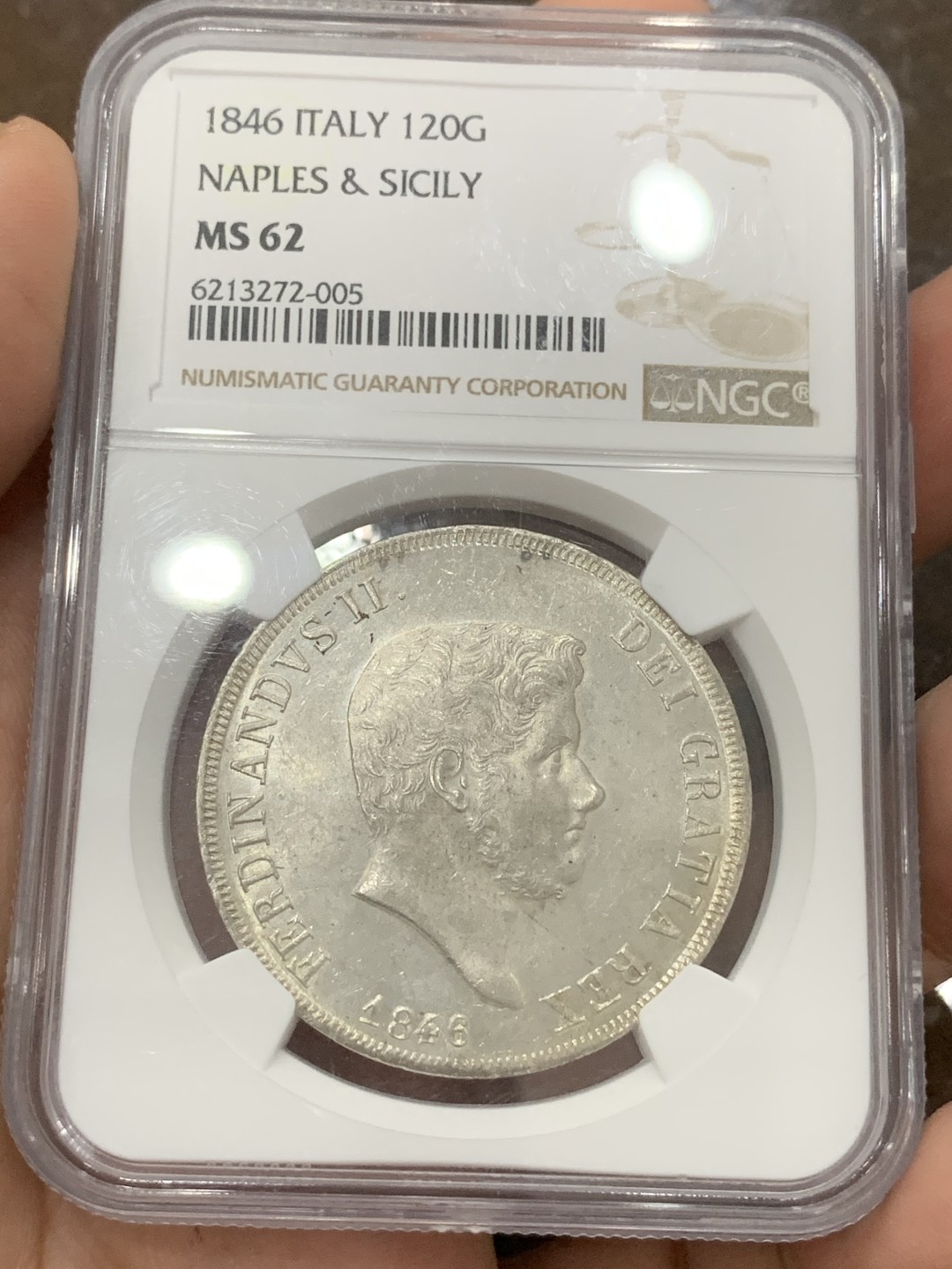 《竞宝斋》第85场-本周日，周一2场连拍（全场不限金额包邮） NGC-MS62 第二名 意大利那不勒斯1846年青年头120G，稀少版本，季军分。原银光很漂亮，边铭深打，无弱打少减重痕，状态极佳，比老年头少很多！